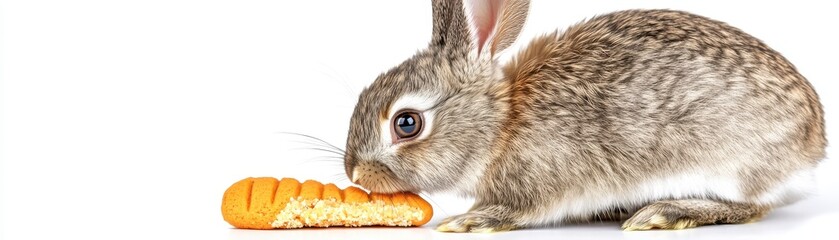 Grey rabbit eating an orange biscuit against a white background. The rabbit is in focus, and the biscuit is slightly out of focus. The image is well