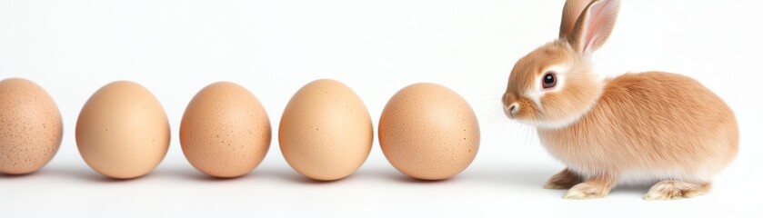Obraz premium Light brown rabbit sits near a row of speckled brown eggs against a white background. The image has a simple, clean aesthetic