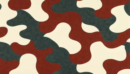 Abstract camouflage pattern in earthy tones; red, cream, and green. Seamless design ideal for fabric, wallpaper, or digital projects.