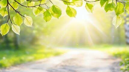 Obraz premium Bright Sunlight Through Green Leaves in a Forest Path