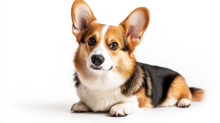 A Pembroke Welsh Corgi lounges luxuriously against a pristine white backdrop, its rich fur blending shades of brown, black, and tan in this captivating close-up view