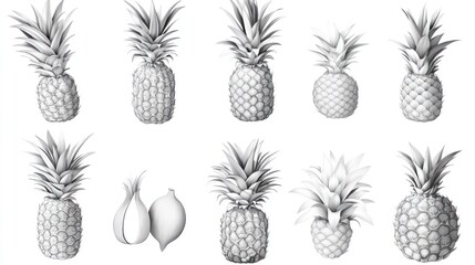 Pineapples, lemon composition with white backdrop in monochrome, still life drawing illustration