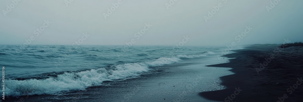 Poster Lonely seashore with gentle waves and overcast sky captures a tranquil moment in an open and muted coastal landscape Generative AI