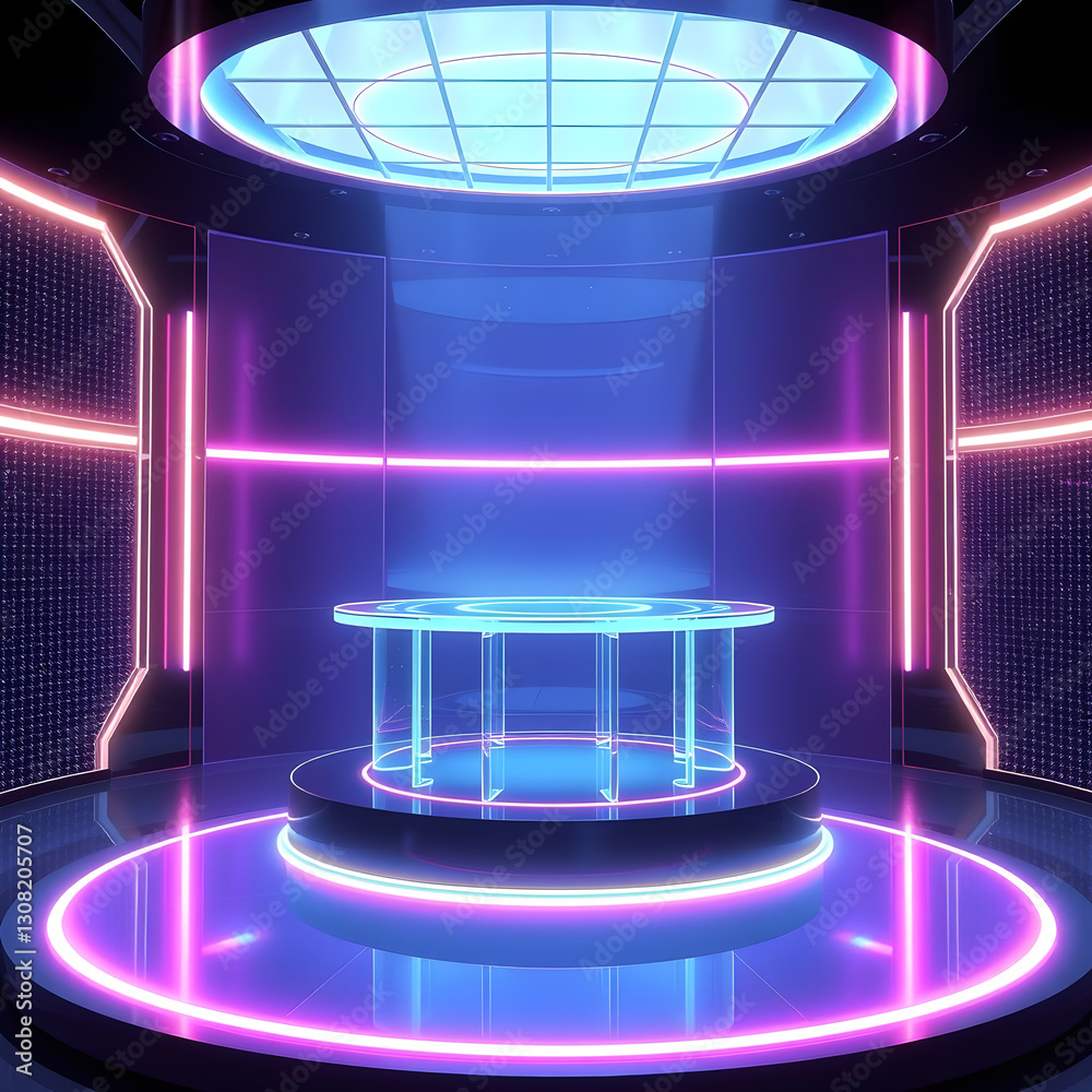 Fototapete a neon-lit circular platform with translucent panels and glowing text, creating a futuristic, high-t