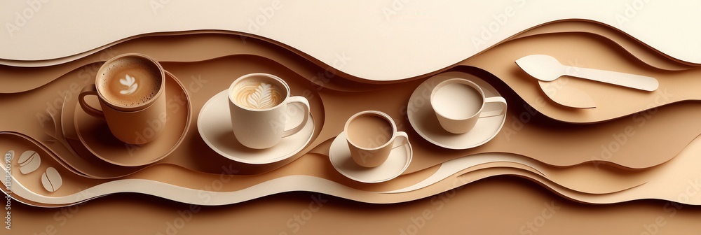 Poster cozy layered paper art design with silhouettes of coffee cups and utensils in warm tones generative 