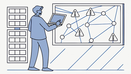 Cybersecurity expert analyzing network breach on large digital screen, lines of code and warning symbols visible, map of interconnected servers highlighting telecom system vulnerability.