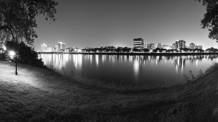 Fototapeta premium Night city skyline reflected in river, tranquil scene, use for wallpaper, backgrounds