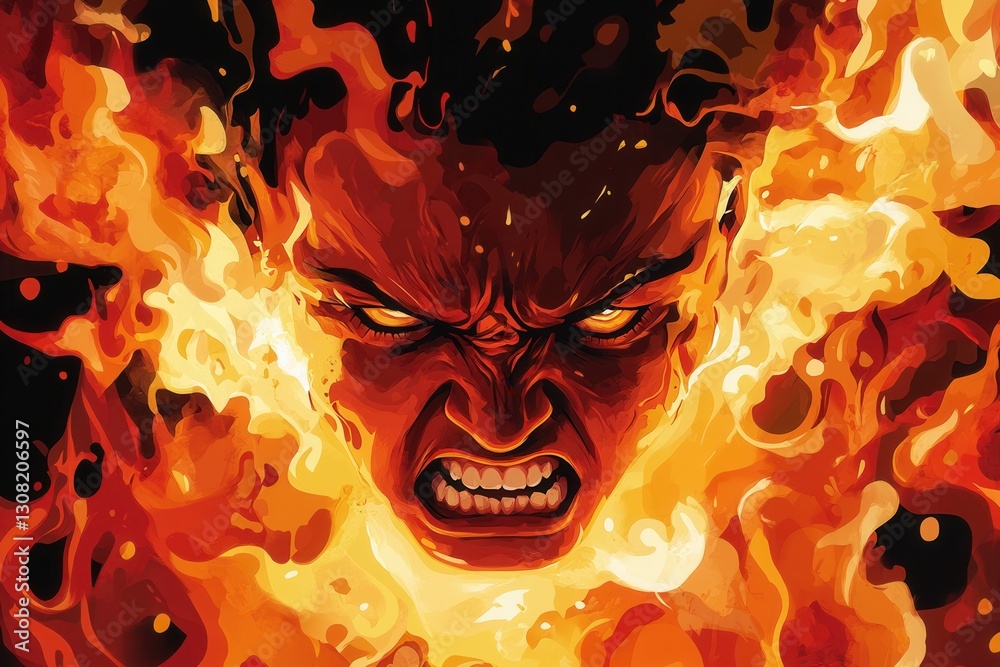 Poster anger erupts as a person expresses intense emotions in a fiery background filled with bold red and b