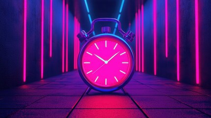 A vibrant alarm clock stands in a neon-lit corridor, showcasing a striking pink face against a backdrop of blue and purple lights.