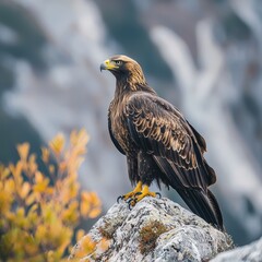 Fototapeta premium Majestic Golden Eagle Perched on Rock with Vibrant Landscape Background