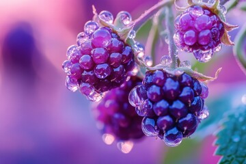 Fresh Purple Berries with Morning Dew on Green Leaves