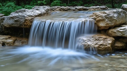Small waterfall flows over rocks in green nature