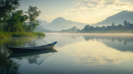 Serene Morning Landscape with a Boat on a Calm Lake