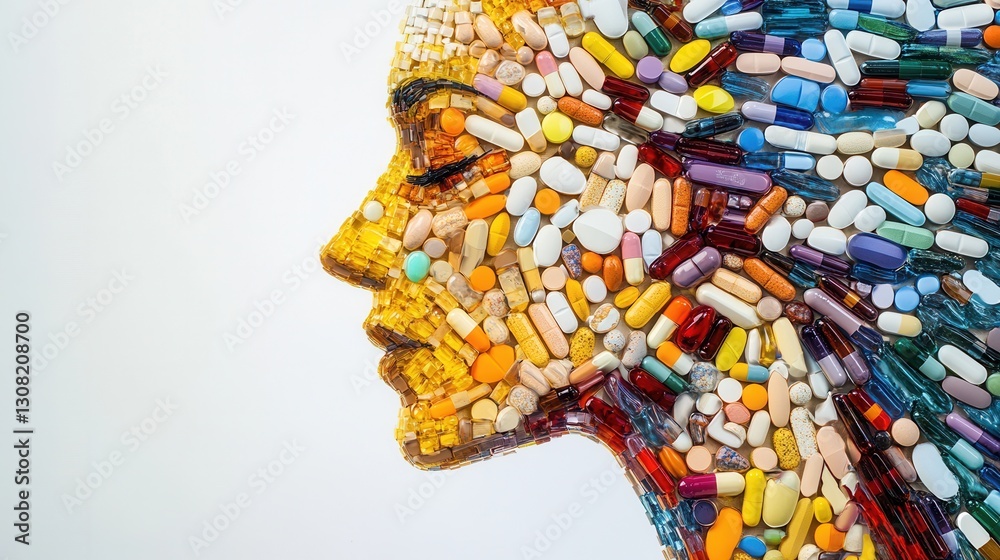 Poster colorful mosaic of pills creatively forming a human silhouette with intricate details reflecting art