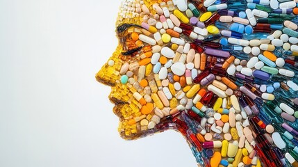 Naklejka premium Colorful mosaic of pills creatively forming a human silhouette with intricate details reflecting artistic interpretation Generative AI