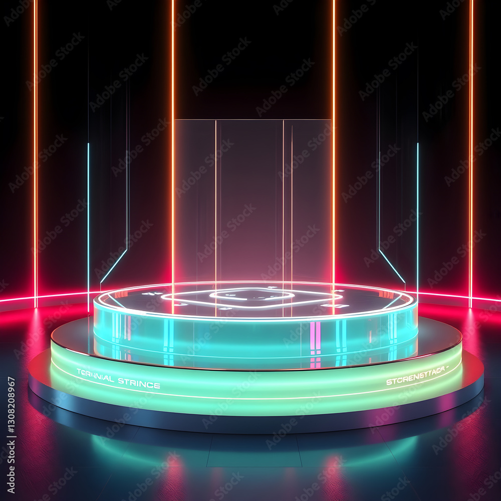 Fototapete a neon-lit circular platform with translucent panels and glowing text, creating a futuristic, high-t