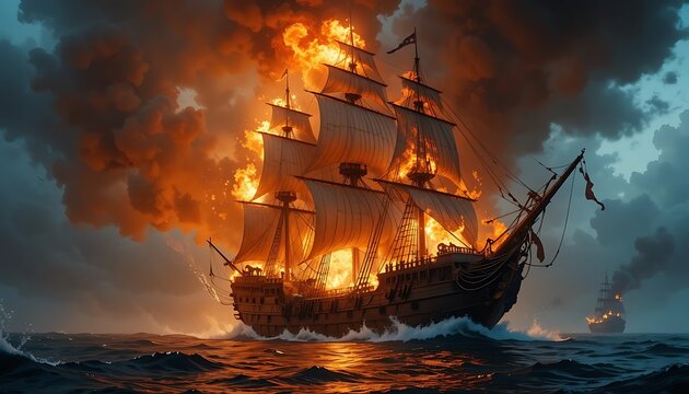 Burning Galleon at Sea: A fiery spectacle of a sinking ship engulfed in flames during a dramatic storm