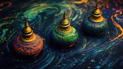 Ornate Hand Painted Jars Golden Lids Cosmic Background