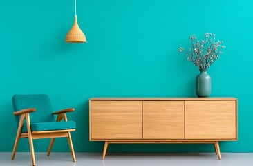 Teal Room  Mid Century Modern Furniture  Wooden Cabinet  Stylish Chair