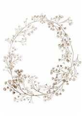 Delicate pressed watercolor baby's breath floral oval wreath frame with hand-drawn gouache style, ideal for wedding invitations. Soft neutral palette with airy, rustic aesthetic on a white background.