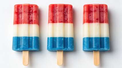 4th of July Ice cream. Colorful popsicles in red, white, and blue stripes on wooden sticks.