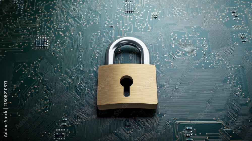 Poster a secure padlock resting on a complex circuit board representing digital security and cyber protecti