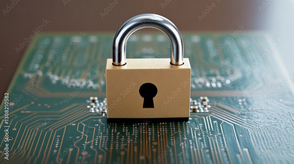Poster a secure padlock resting on a complex circuit board representing digital security and cyber protecti