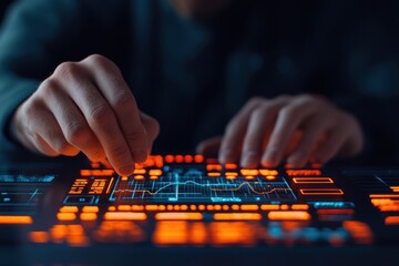 Hands of a person typing on an illuminated computer keyboard in a dark workspace or office setting showcasing technology digital innovation and productivity