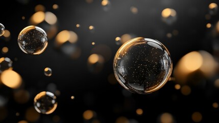 Elegant black and gold background with floating transparent bubbles, featuring a luxurious and minimalistic aesthetic. High contrast black and gold color scheme with a clean and modern design.