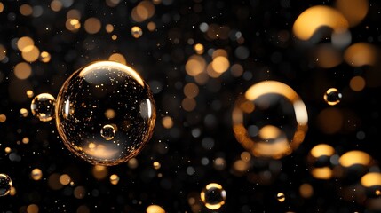 Elegant black and gold background with floating transparent bubbles, featuring a luxurious and minimalistic aesthetic. High contrast black and gold color scheme with a clean and modern design.