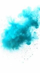 Abstract teal powder explosion on white background. Perfect for design projects needing a vibrant, energetic feel.