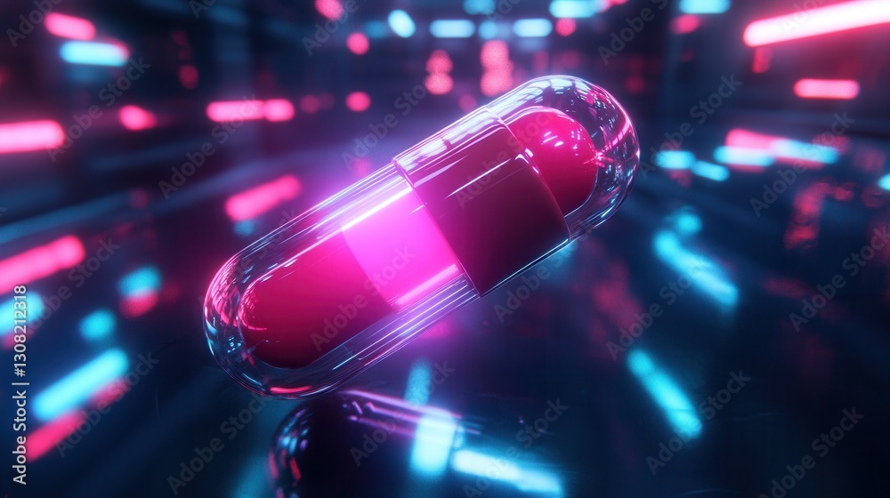 Leinwandbilder floating neon cyberpunk pill in a futuristic dark void with advanced sci fi lighting generative ai