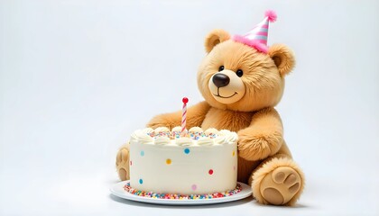 A chubby, friendly bear with soft fur sits calmly, holding a large birthday cake