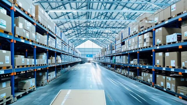 Large modern warehouse filled with stacked boxes and well-organized aisles during daytime
