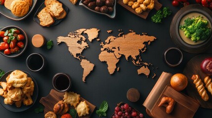 An artistic world map created entirely from various food items representing global cuisines and culinary diversity