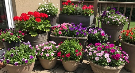 Vibrant potted flowers bloom brightly in summer sun. AI Generated