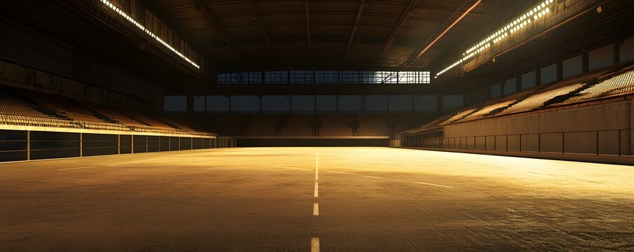 Empty stadium interior illuminated with overhead lights and concrete floor