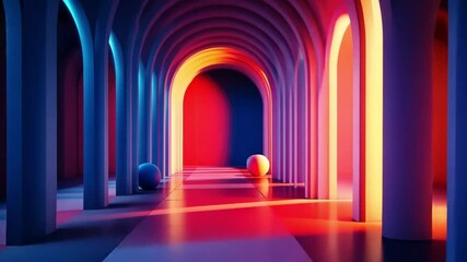 Neon Archway Corridor: A vibrant digital art piece showcasing a mesmerizing tunnel of arches illuminated with neon lights, featuring smooth spheres adding to the surreal atmosphere. - Powered by Adobe