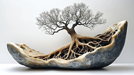 Fototapeta premium A detailed depiction of a stone vessel and a stylized tree