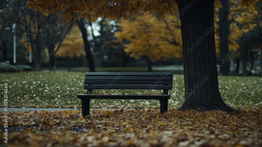 Leinwandbilder solitary bench under a tree in a serene park setting surrounded by autumn leaves and soft light gene