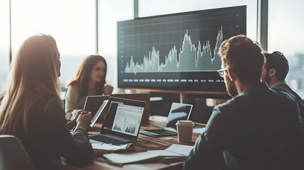 Business meeting analyzing financial data in modern office digital environment team collaboration