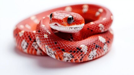 Obraz premium A mesmerizing close-up of a red snake with intricate black-and-white spotted patterns on its sinuous form, gliding gracefully to the left. Its vibrant gaze locks eyes, drawing you into an intimate wil