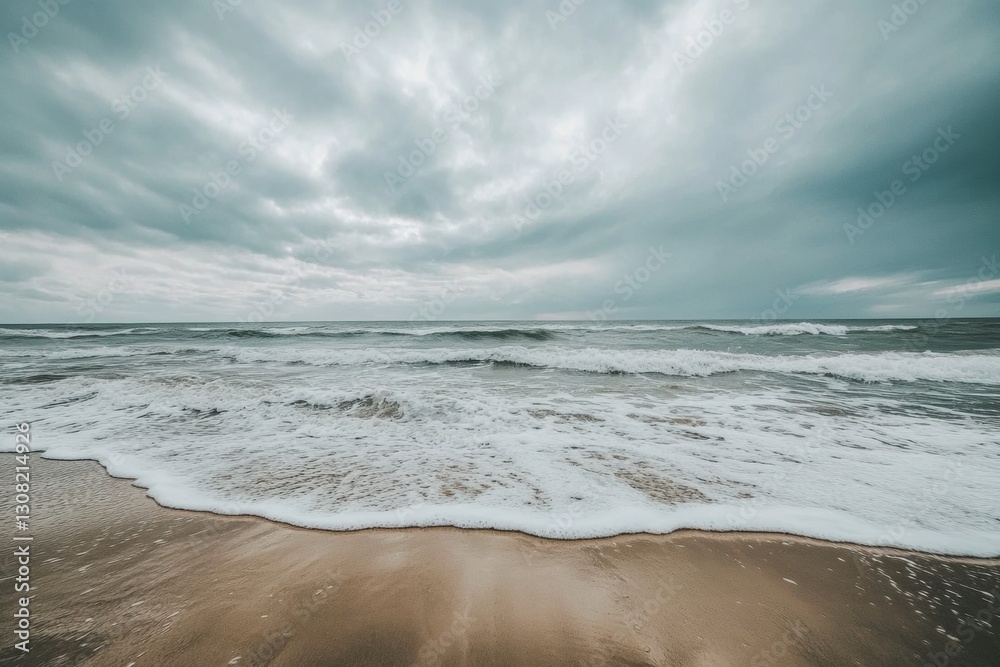 Poster Lonely seashore with gentle waves under an overcast sky invites reflection and calm Generative AI