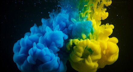 Obraz premium Vibrant blue yellow green inks swirl dramatically. AI Generated