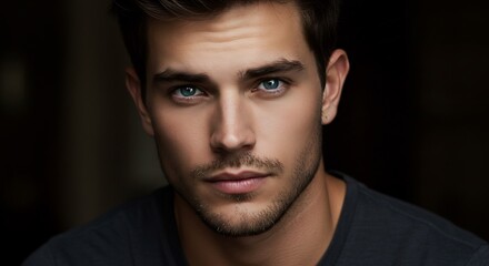 Obraz premium Intense gaze handsome man dark background. AI Generated