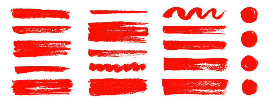 Brush texture red stroke underline highlight. Marker red pen highlight stroke. Vector hand drawn brush underline element set for accent, crayon texture emphasis effect. Chalk vector illustration
