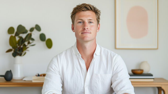 Aussie entrepreneurs businessman. Casual portrait of a man in a bright, modern workspace.