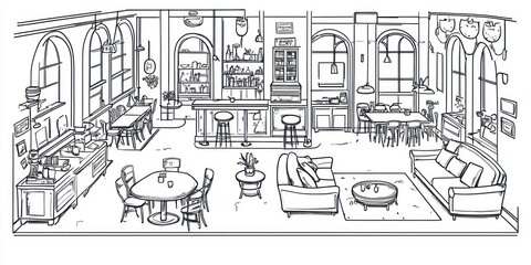 Interior design of a loft apartment with kitchen, bar, dining area, and living room.