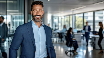 Aussie entrepreneurs businessman. Smiling man in a suit stands in a modern office environment.