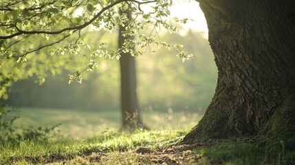 Fototapeta premium Majestic oak tree trunk in a sunlit forest.